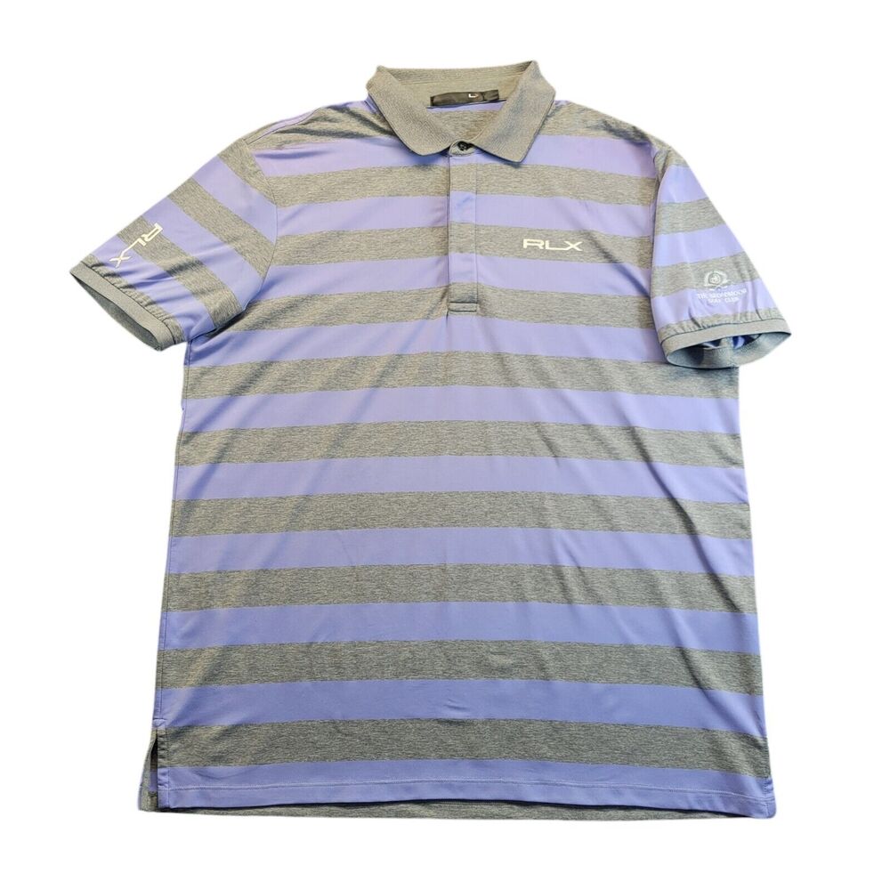 RLX Ralph Lauren Mens Polo XL Purple Gray Striped Golf Shirt‎ BROADMOOR Logo